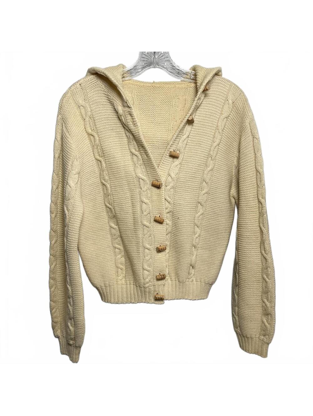 70s Vintage Cream Cable Knit Hooded Cardigan With Wooden Toggle Buttons Size S